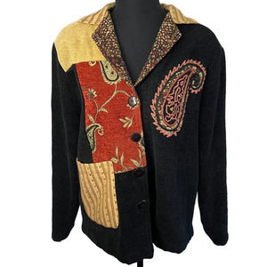 Vintage Analogy Black Patchwork Jacquard Button Front Jacket, Size S